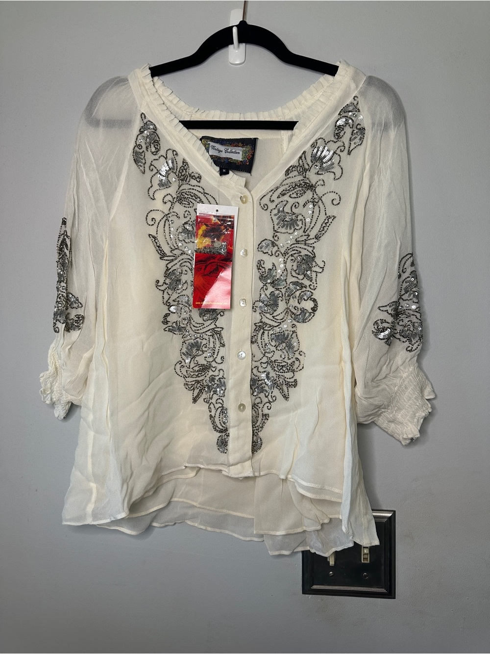 Ivory Embellished Sheer Button-Front Blouse